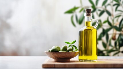 Obraz na płótnie Canvas glass jar of a bottle of extra virgin olive oil along with a bowl of olives