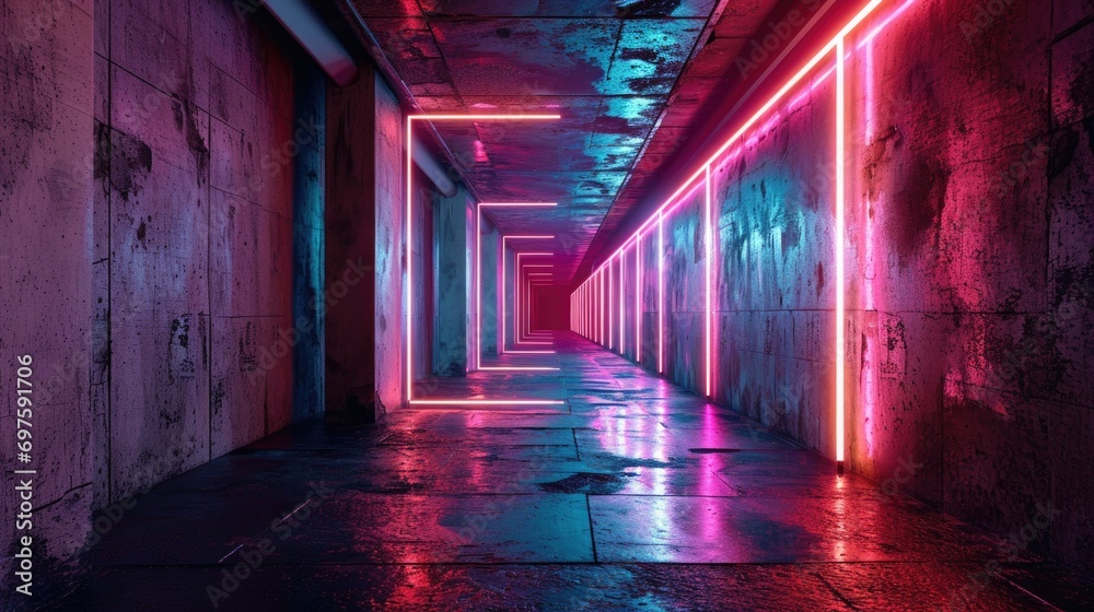 Poster A visually striking image of a long hallway illuminated by vibrant neon lights. Perfect for adding a modern and edgy touch to any design project