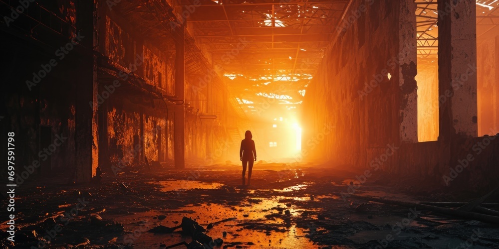 Poster A person standing in an old building with the sun setting in the background. Suitable for architectural or urban exploration themes