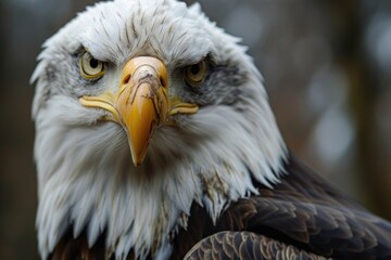 Obraz premium A detailed close-up shot of a bald eagle's face. Perfect for nature enthusiasts and wildlife photographers
