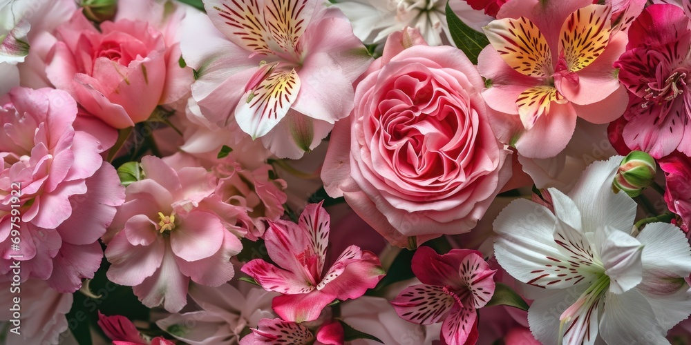 Poster a beautiful bouquet of pink and white flowers. perfect for adding a touch of elegance to any occasio