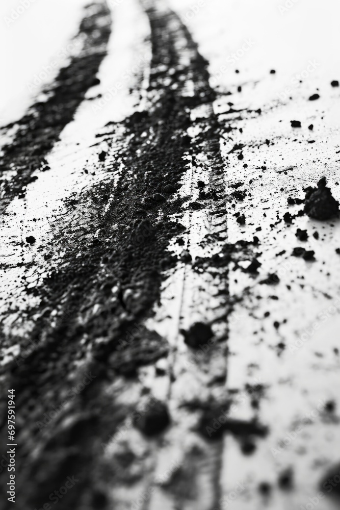 Poster a black and white photo of a tire track. suitable for various applications