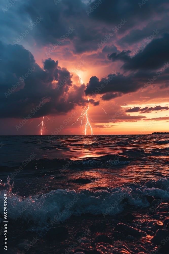 Poster a stunning sunset with a dramatic lightning bolt in the sky. perfect for adding a touch of excitemen