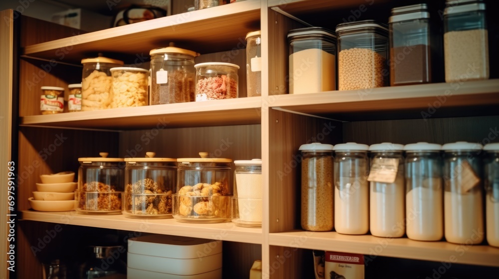 Poster a pantry filled with a wide assortment of different types of food. this image can be used to showcas