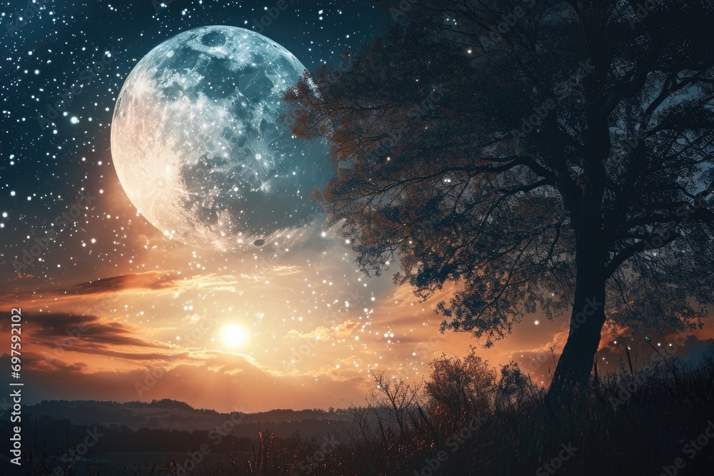 Poster A captivating image of a full moon shining brightly with a solitary tree in the foreground. Perfect for nature enthusiasts and those seeking a touch of tranquility in their designs