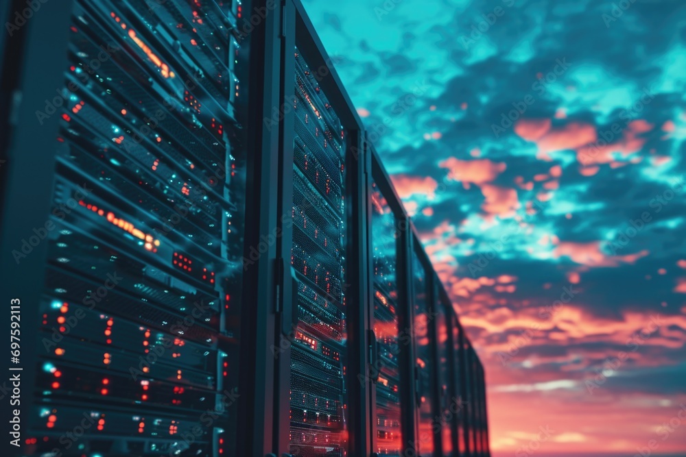 Poster A row of servers in a server room. Ideal for technology, data storage, and network concepts