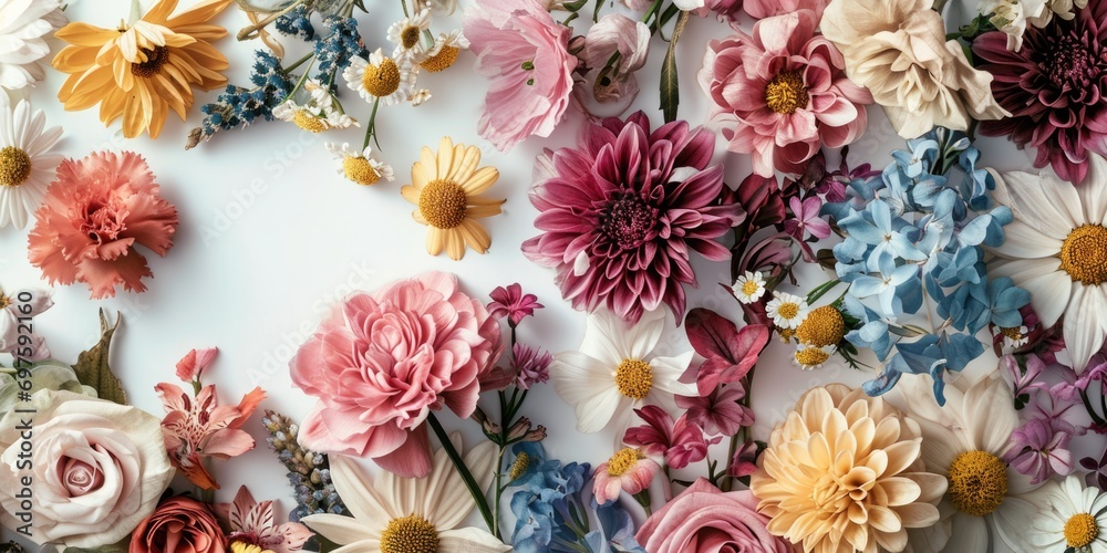 Poster a bunch of flowers displayed on a wall. this versatile image can be used to add a touch of beauty an