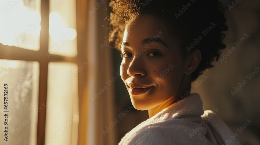 Poster a woman is captured with a smile on her face as she stands in front of a window. this image can be u
