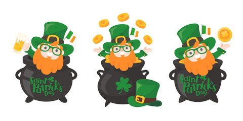 Cartoon man with long beard drinking beer celebrates St. Patrick's Day.