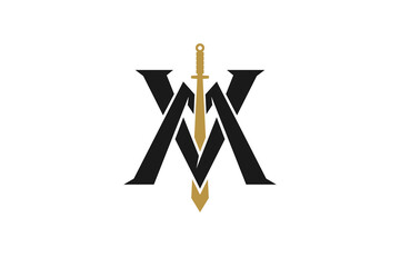M V initial logo design with sword medieval warrior.