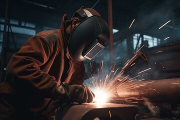 A welder is joining structural steel using gas metal arc welding. Generative AI - obrazy, fototapety, plakaty