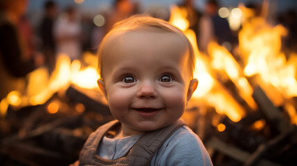 a Finnish baby experiencing the magic of a midsummer bonfire, their eyes filled with wonder as the flames dance in the Finnish night.