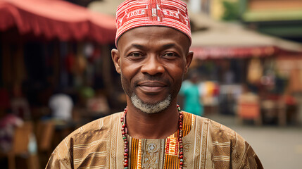 a distinguished Nigerian man, exuding confidence and wearing traditional attire, stands proudly in...