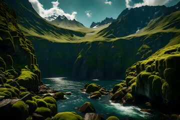 A breathtaking view of mossy cliffs against the backdrop of towering mountains.
