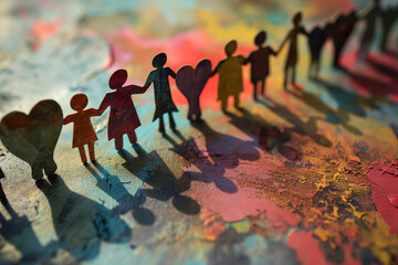 Harmony in Diversity: Colorful Paper Cut-Outs Holding Hands on Textured Background - Powered by Adobe