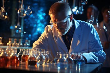 Doctor conducting precise scientific experiment in laboratory with glass test tubes