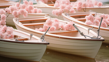 Close-up of wooden boat with pink flowers on dock