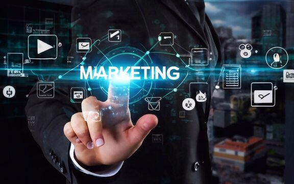 Digital marketing technology and internet advertising concept. Businessman pressing digital marketing button on