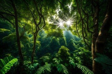 Fototapeta na wymiar A lush green canopy against a vibrant blue sky in the heart of the rainforest.