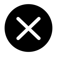 white cross icon on black circle button isolated on transparent background. concept of x, cancel, no, delete, wrong, cross button