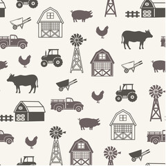 Farm vector seamless pattern. Silhouettes on a light background. Farm southern design with tractor, cow, pig, chicken, farm.