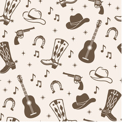 Southern vector seamless pattern. Silhouettes on a light background. Farmhouse design with guitar, cowboy boots, horseshoe. Farm Life illustration.