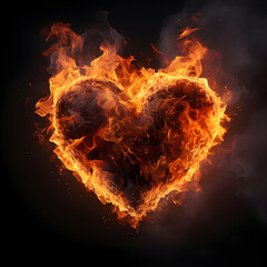 A decorative stone heart is burning on fire, symbolizing love and passion, isolated on a black background in an artistic illustration, - obrazy, fototapety, plakaty