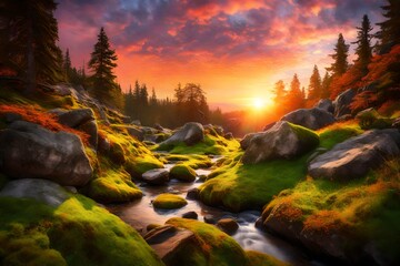 A charming woodland glen with mossy rocks, green grass, and a vibrant sunset sky. - obrazy, fototapety, plakaty