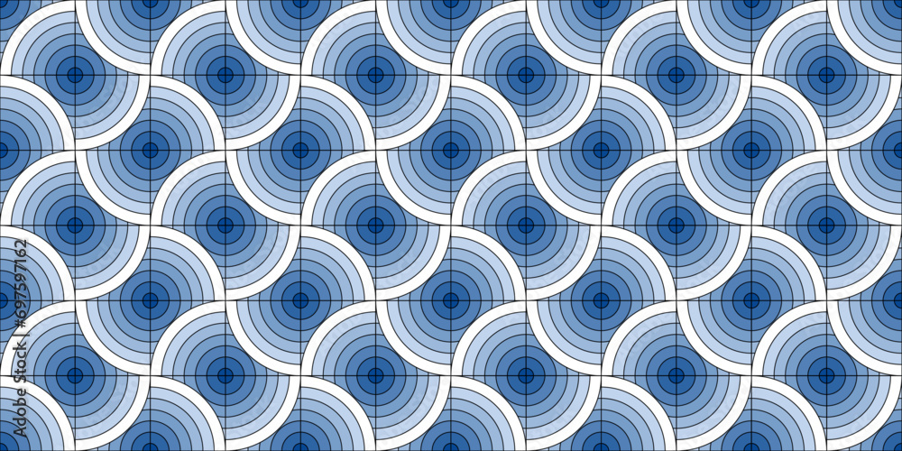 Poster White-blue circles, alternating and consisting of tiles. Seamless pattern of circles and rings.