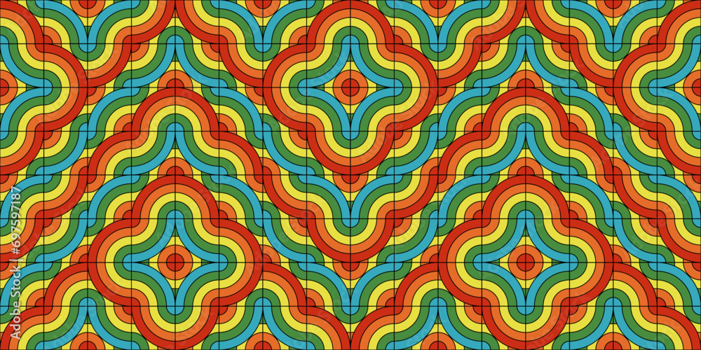 Poster Colorful wicker pattern, vector and abstract tile wallpaper. Seamless bright and striped pattern of lines woven into a pattern.