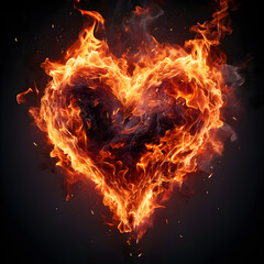 Illustration of a decorative stone heart burning with love and passion on a black background,