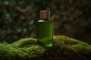 Green cosmetic bottle on moss and brown background. Biophilic design. Skin care, organic body treatment, spa concept. Generative AI