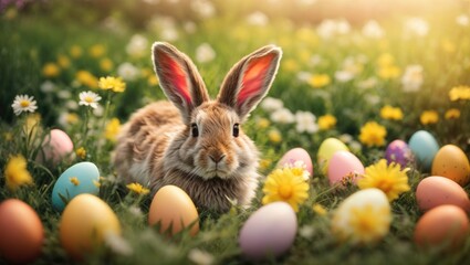 Cute easter bunny and colorful eggs on green grass in sunny day