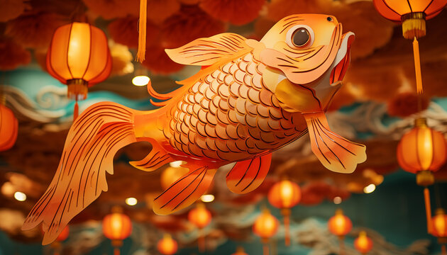 golden fish lanterns in the night