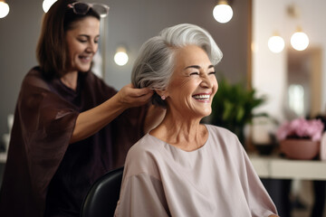A hairdresser styles the hair of an elderly gray-haired woman. - Powered by Adobe