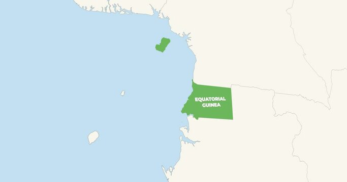 World Map Zoom In To Equatorial Guinea. Animation in 4K Video. Green Equatorial Guinea Territory On Blue and White World Map