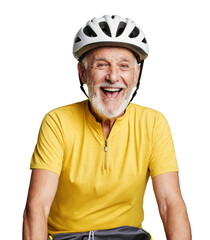 Fototapeta premium Happy smiling retired man in cycling uniform and bicycle helmet, isolated background, transparent png