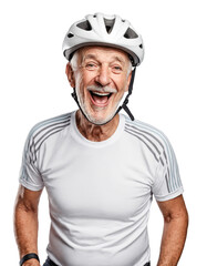 Happy smiling retired man in cycling uniform and bicycle helmet, isolated background, transparent png