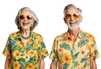 Happy smiling retired couple wearing tropical outfit ready for summer holidays, isolated background, transparent png