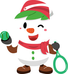 Cartoon character christmas snowman playing tennis for design.