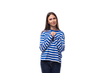 cute young slim european model woman in a striped sweatshirt. lifestyle people concept