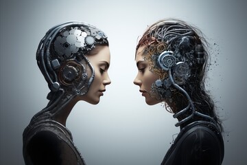 Two bio-robots with electronic brains interacting in AI electronic communication - Powered by Adobe
