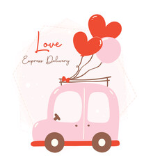 Valentine love delivery car. Cute Kawaii vehicle in love Theme with balloons heart in Flat Design.