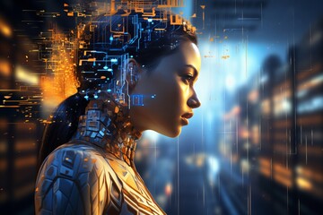 Woman cyborg head with digital data interface on blurred background using futuristic technology