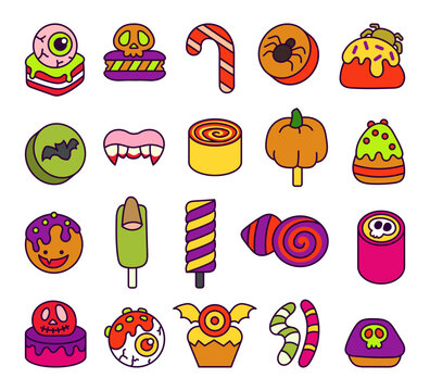 Halloween sweet candies. Party food. Hand drawn style. Vector drawing. Collection of design elements.