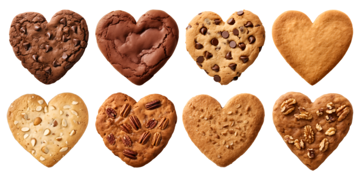 Heart Love shape cookie cookies biscuit, classic and nut set, on transparent background cutout. PNG file. Many assorted different design. Mockup template for artwork design - Powered by Adobe