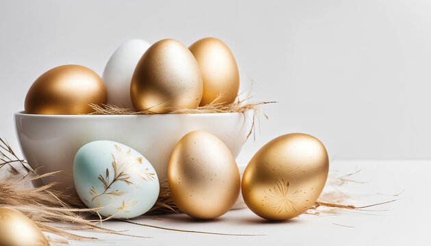 Beautiful easter eggs in a bowl with copy space