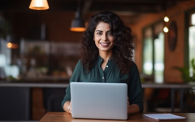 indian businesswoman shop owner confidently standing with laptop
