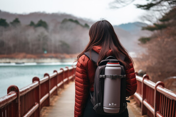 Hiker with backpack and thermos on the mountain in autumn
