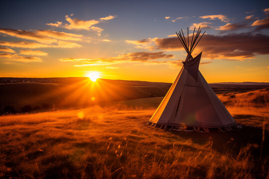 A captivating sunset paints the sky behind a lone teepee